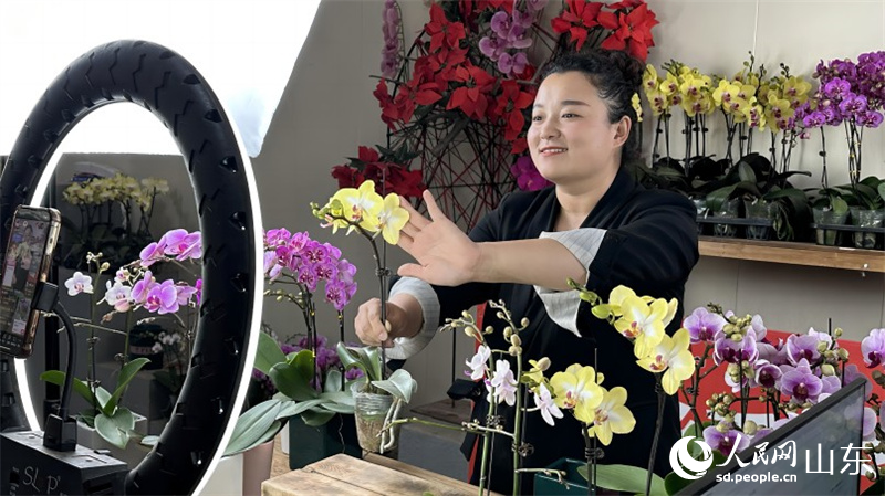 在山東濰坊青州花卉直播電商產(chǎn)業(yè)園里，主播正在向網(wǎng)友介紹蝴蝶蘭。人民網(wǎng) 喬姝攝
