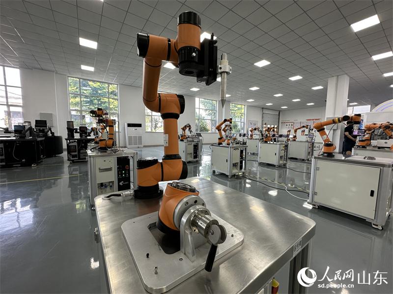 遨博（山東）智能機(jī)器人有限公司的六軸協(xié)作機(jī)器人，正在演示工業(yè)場景中的模塊組裝。人民網(wǎng)記者 談媛攝
