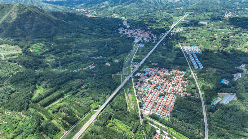 一列高鐵從山東省鄒平市西董街道南部山區(qū)山色生態(tài)圖中駛過。