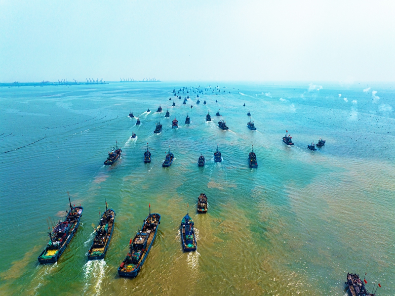 在日照海山海天一級漁港，漁船爭“鮮”出海。丁敏航攝
