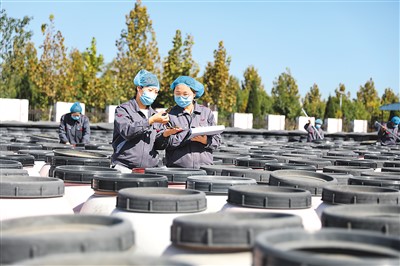 樂(lè)陵市新飛達(dá)食品有限公司員工在檢查腌制辣椒產(chǎn)品。