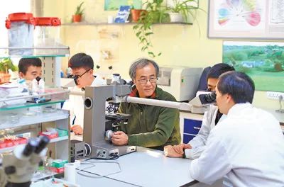 中國科學院院士宋微波（中）在指導學生開展科研。