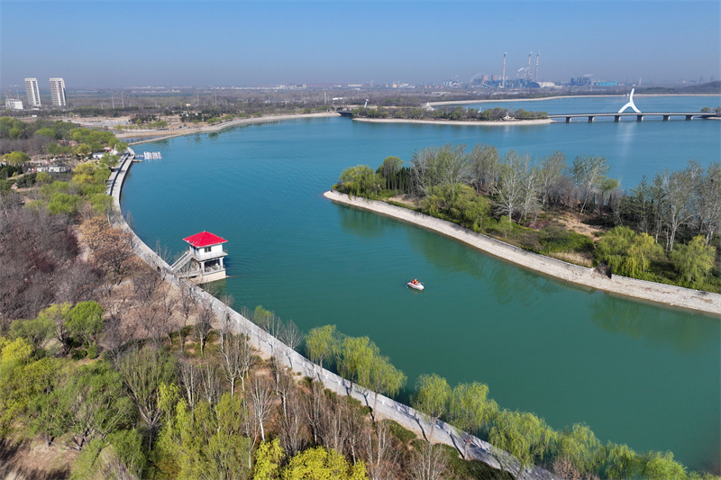 3月22日，在山東省聊城市茌平區(qū)金牛湖國(guó)家濕地公園，工作人員在打撈漂浮物。