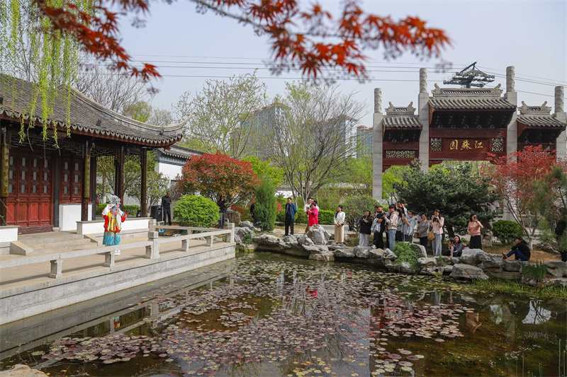 2025年4月17日，在山東省青島世博園江蘇園景區(qū)，京劇演員為大家表演梅派名段《貴妃醉酒》。張鷹 攝 