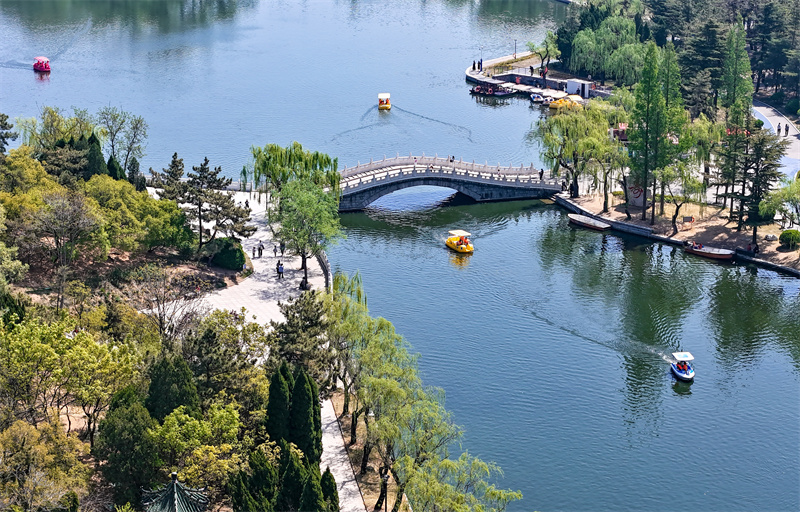 4月20日，游客在山東青島萊西市月湖公園泛舟游玩。張進剛攝