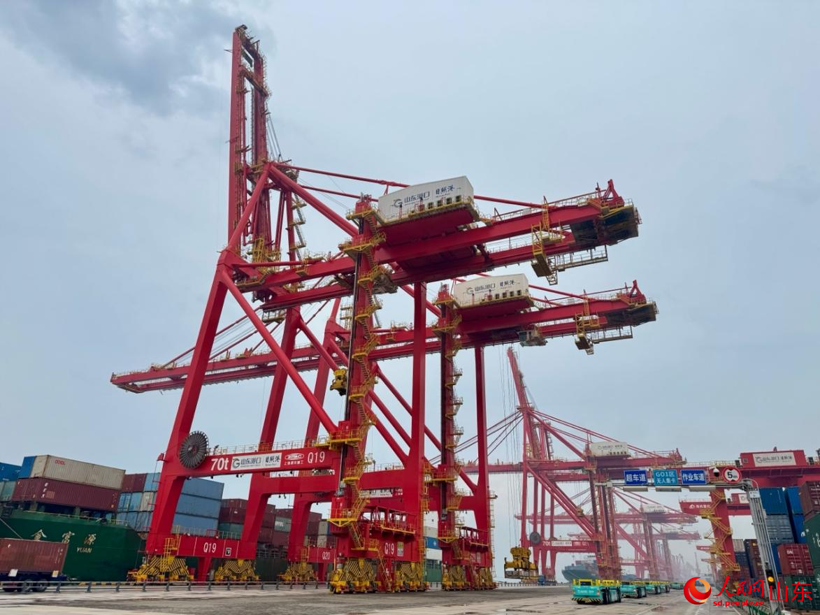 全自動化軌道吊機和IGV平板車整齊排列，等待作業(yè)。人民網(wǎng) 莊潤澤攝